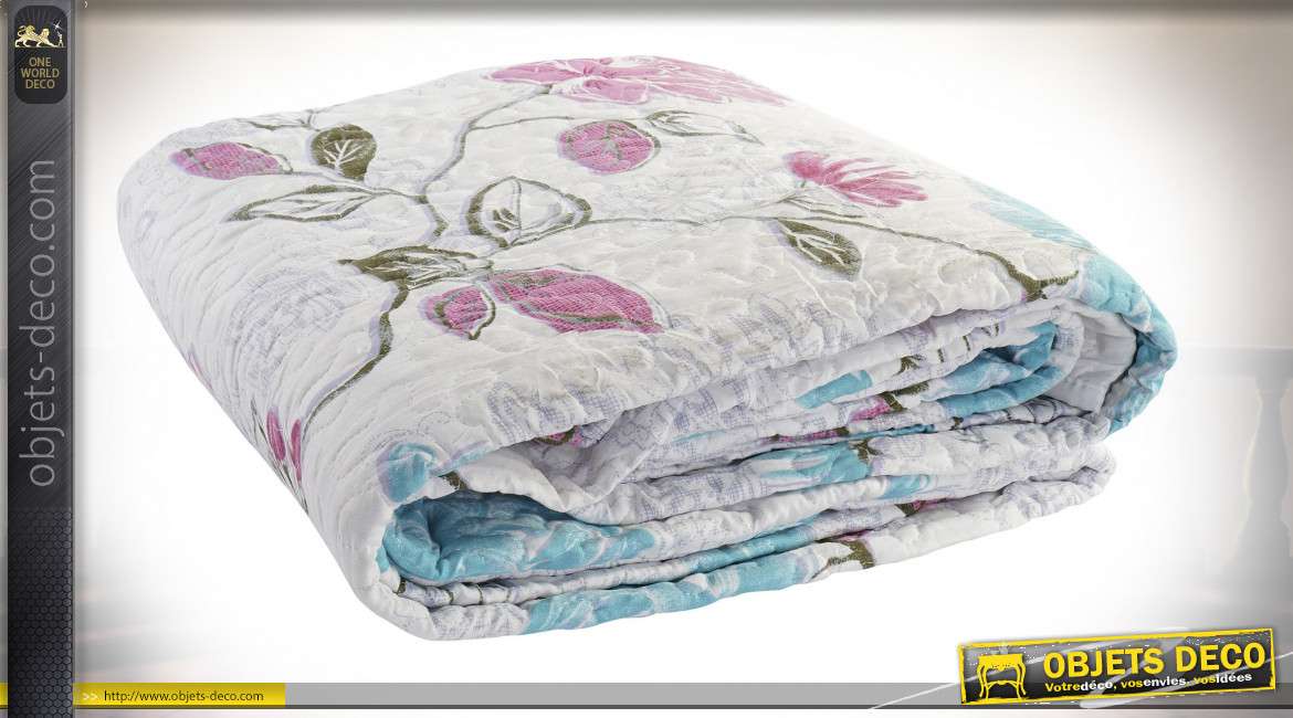 Grand couvre lit en coton épais, motifs de fleurs rétro en finition rose et bleu, 240x260cm