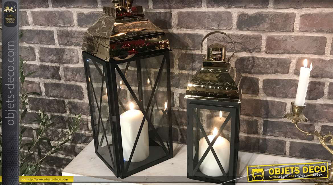 Duo de lanternes design métal noir mat et doré poli brillant 49 cm