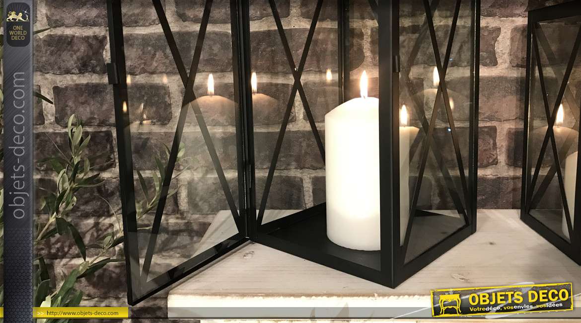 Duo de lanternes design métal noir mat et doré poli brillant 49 cm