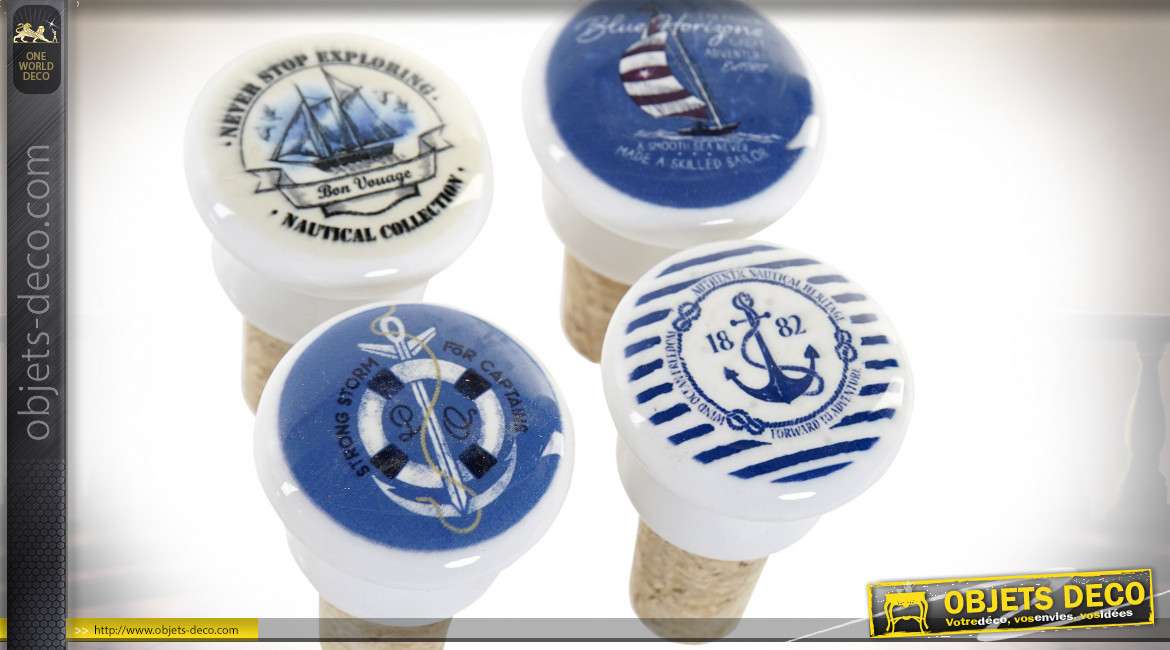 Série de 4 bouchons en liège et céramique avec motifs marins, accessoire déco style bord de mer, Ø4cm