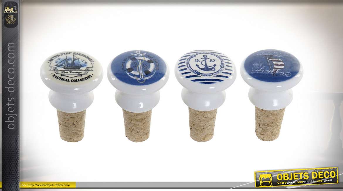 Série de 4 bouchons en liège et céramique avec motifs marins, accessoire  déco style bord de mer, Ø4cm