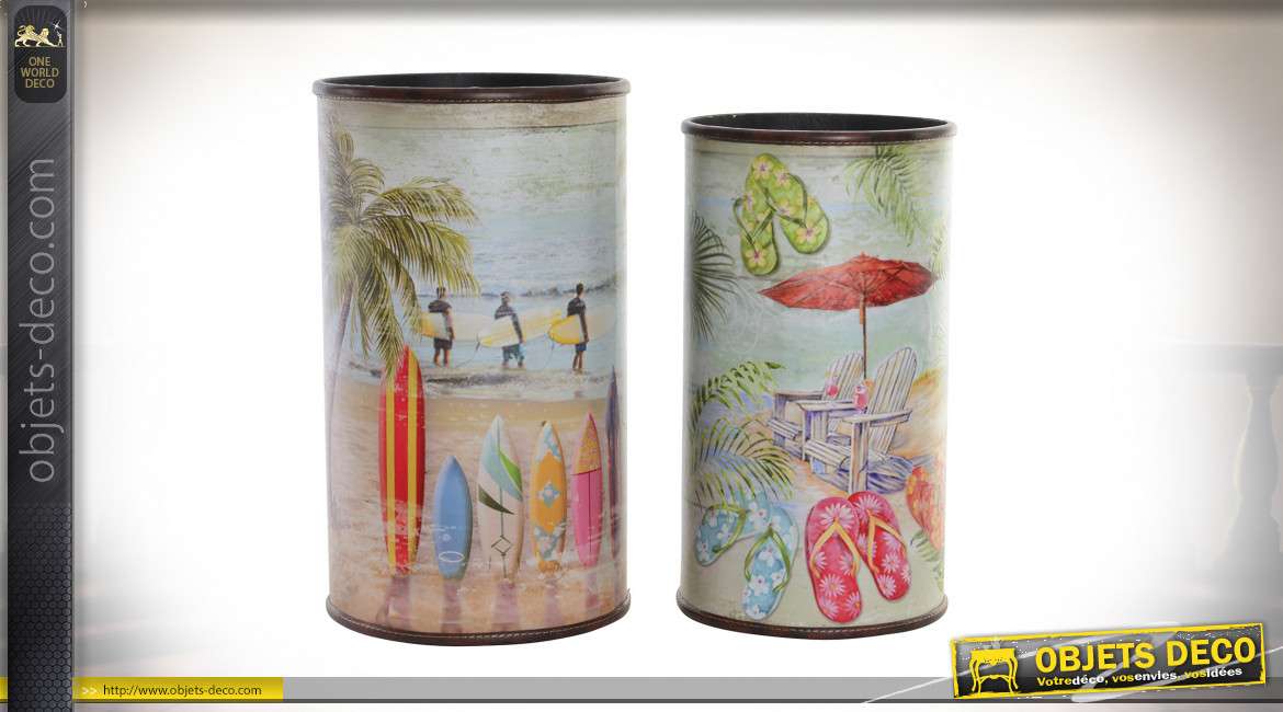 Série de deux porte-parapluie en bois de forme cylindrique, motifs de plage tropicale et surf, Ø26cm