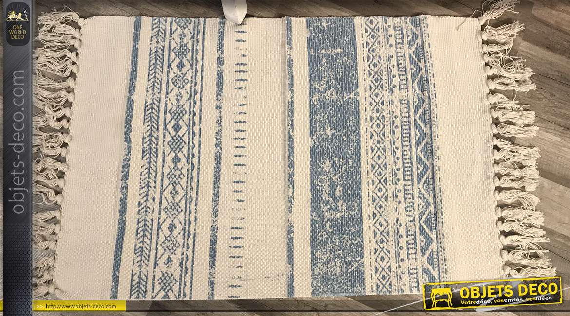 Tapis en coton et polyester, bleu ciel et blanc cassé, esprit tapis Kilim 60 x 90