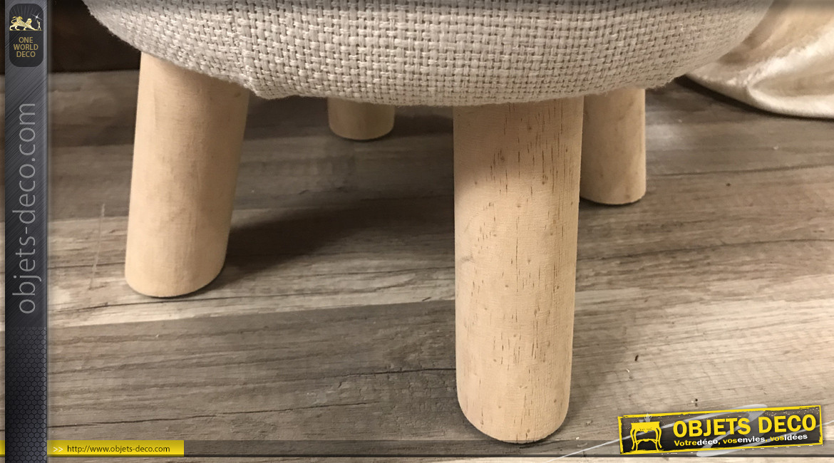 Repose pieds en bois et coton épais, style nordique avec finitions claires, franges et pompons, Ø30cm