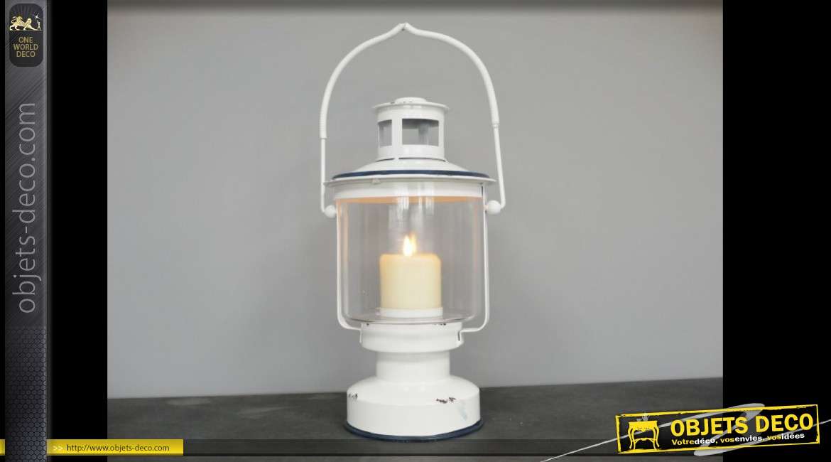 Lanterne décorative blanche vintage en métal et verre 36 cm