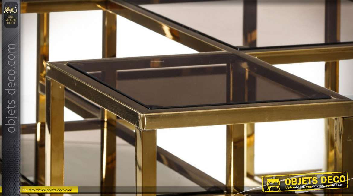 Table basse design multiniveaux en acier inoxydable doré et poli 100 x 100 cm