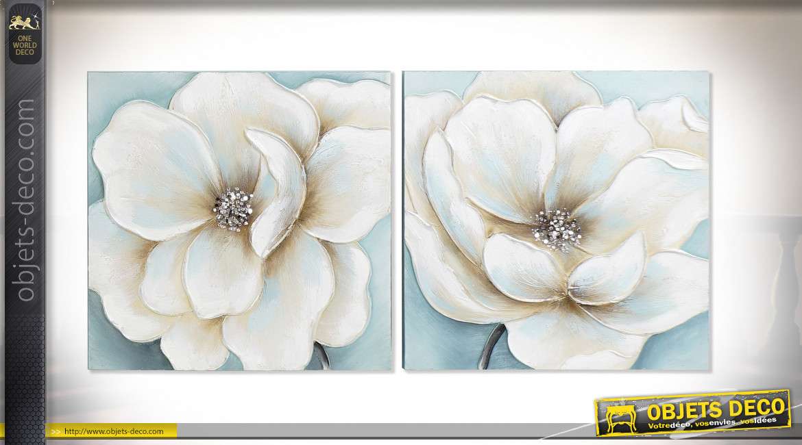 Série de deux peintures sur toile représentant 2 grosses fleurs modernes, finitions claires bleutées, peint à la main, 50cm