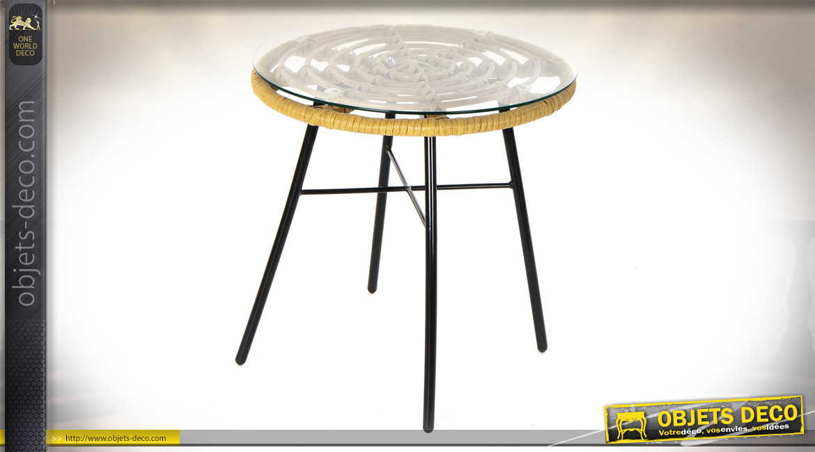 TABLE AUXILIAIRE ROTIN SYNTHÉTIQUE VERRE 44X44X43