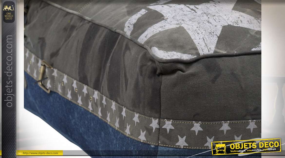 Grand coussin de sol en coton épais et effet jean bleu, finition gris avec motifs d'étoiles