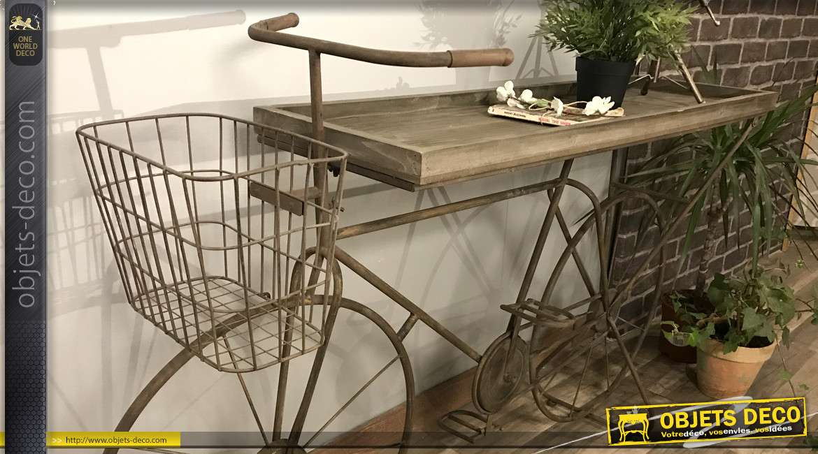 Console originale en bois et métal, forme de vélo vintage avec plateau vieilli, 130cm