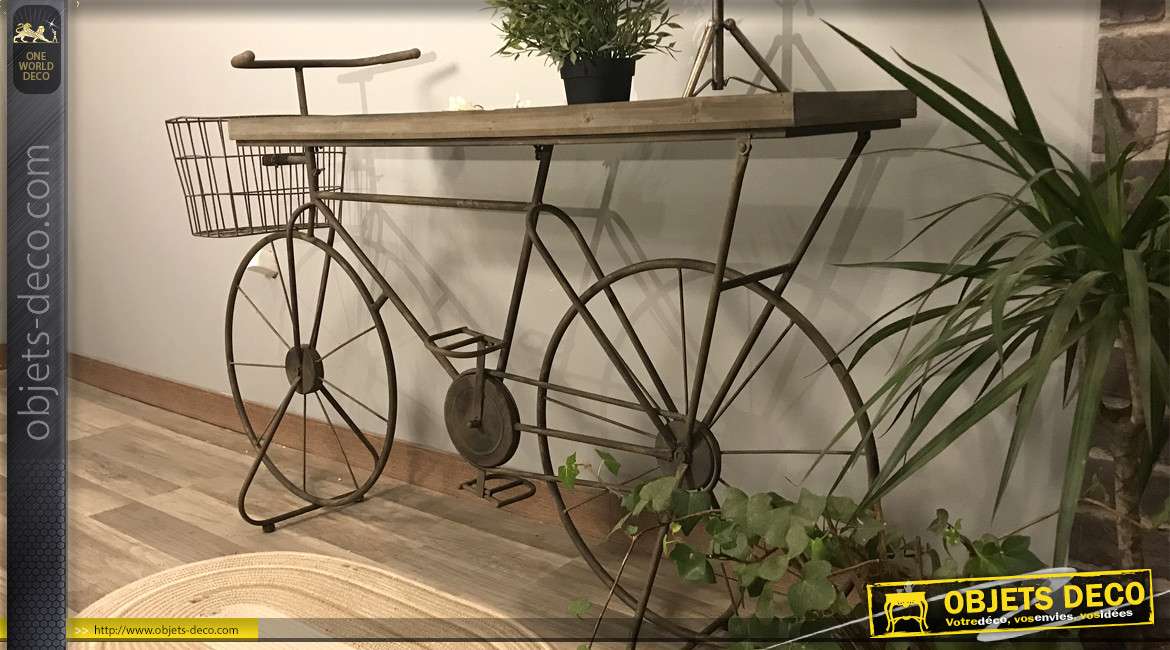 Console originale en bois et métal, forme de vélo vintage avec plateau vieilli, 130cm