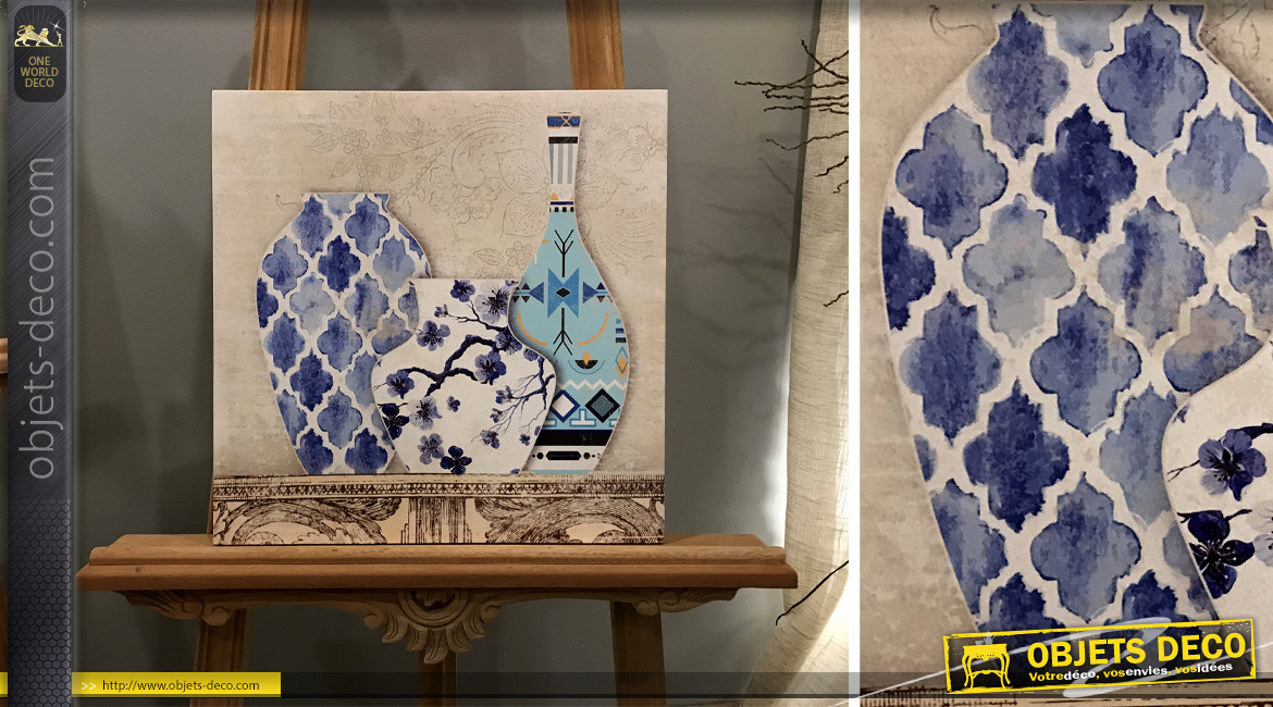 Série de 2 toiles avec vases motifs carreaux de ciments, style vintage, 40cm