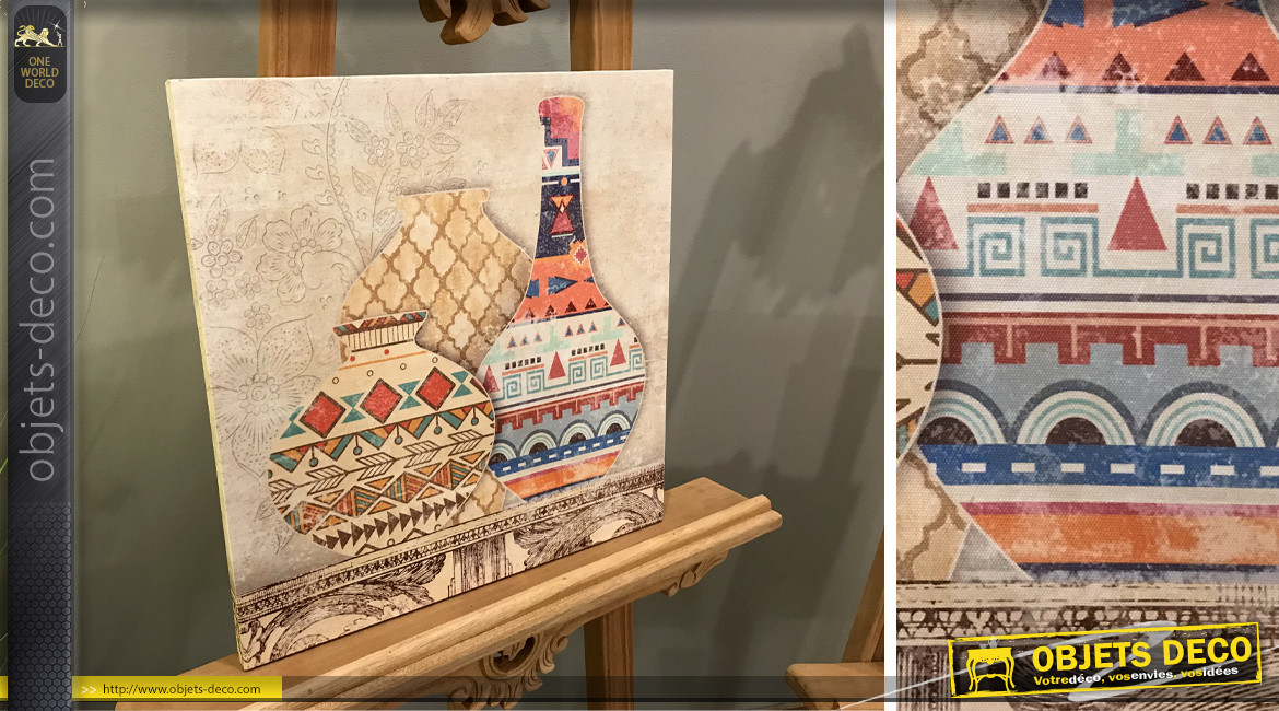 Série de 2 toiles avec vases motifs carreaux de ciments, style vintage, 40cm