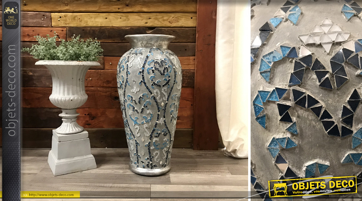 Grand vase pour fleurs séchées ou guirlandes, en terre cuite avec mosaïque de miroirs teintés bleu, style chic, 60cm