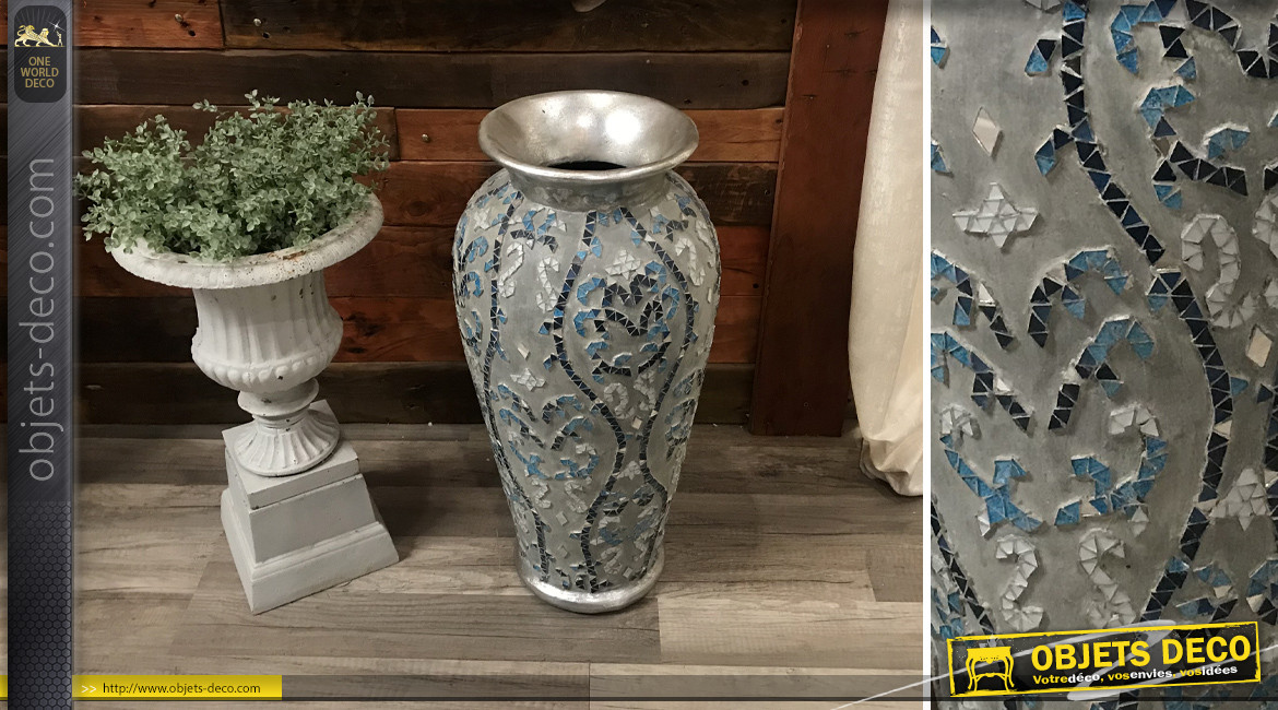 Grand vase pour fleurs séchées ou guirlandes, en terre cuite avec mosaïque de miroirs teintés bleu, style chic, 60cm