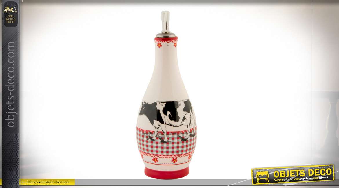 Huilier en céramique blanche avec motifs de vaches et carreaux Vichy rouge et blanc, style campagne, 24cm