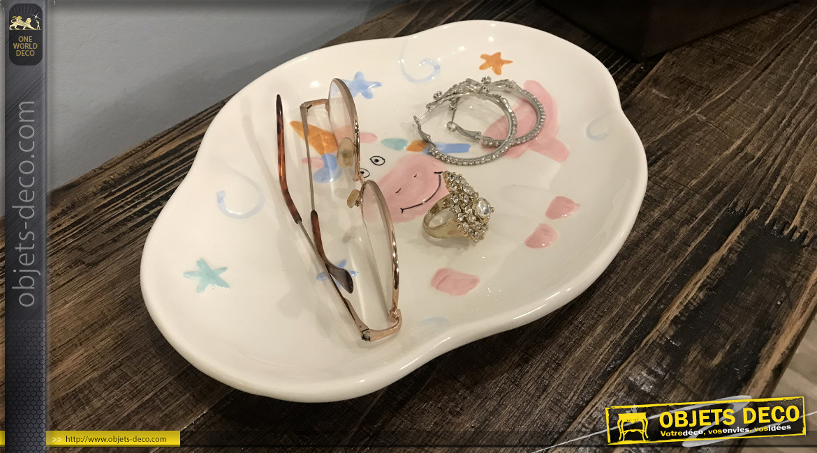Petite assiette décorative vide poche en dolomite avec motif de licorne, thème animaux légendaires, 24cm