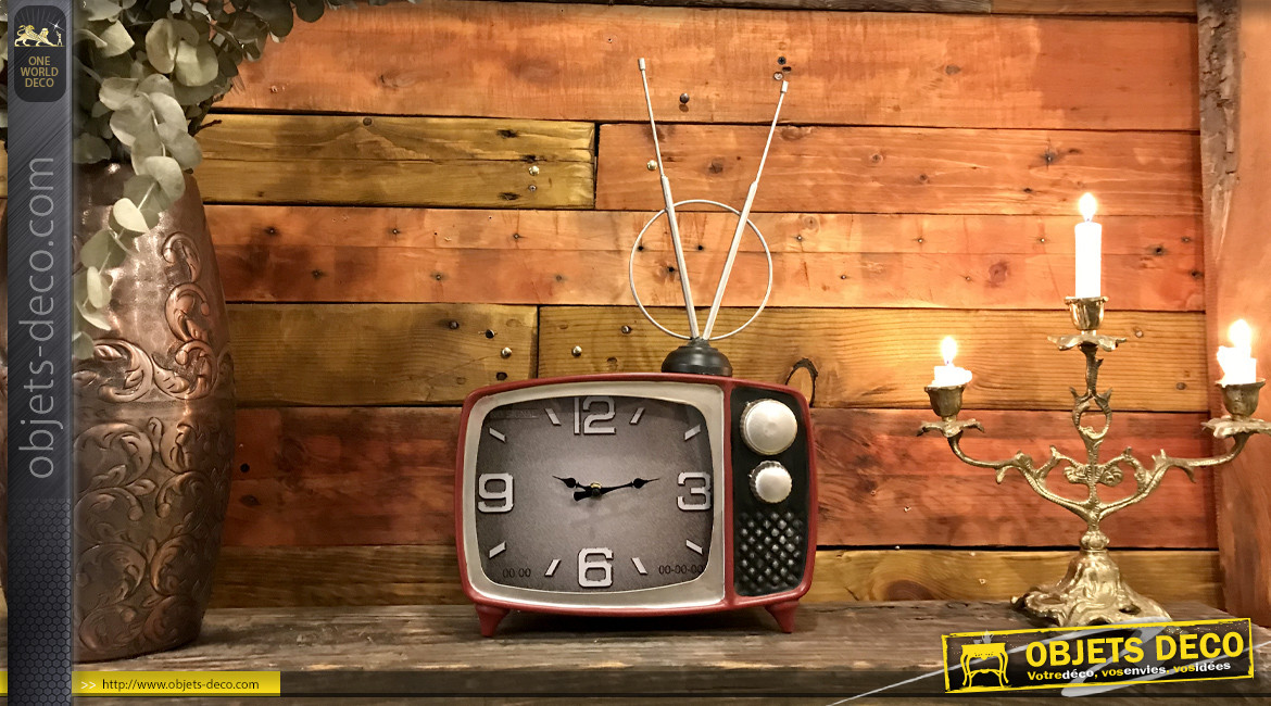 Horloge de table en métal, en forme d'ancienne TV avec antenne déco, 48cm