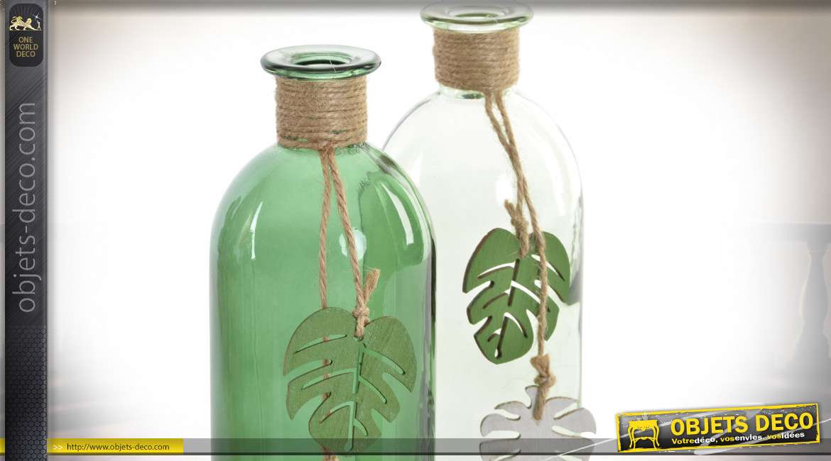 Série de deux vases décoratifs en verre translucide et vert pomme, feuilles déco esprit jungle, 20cm