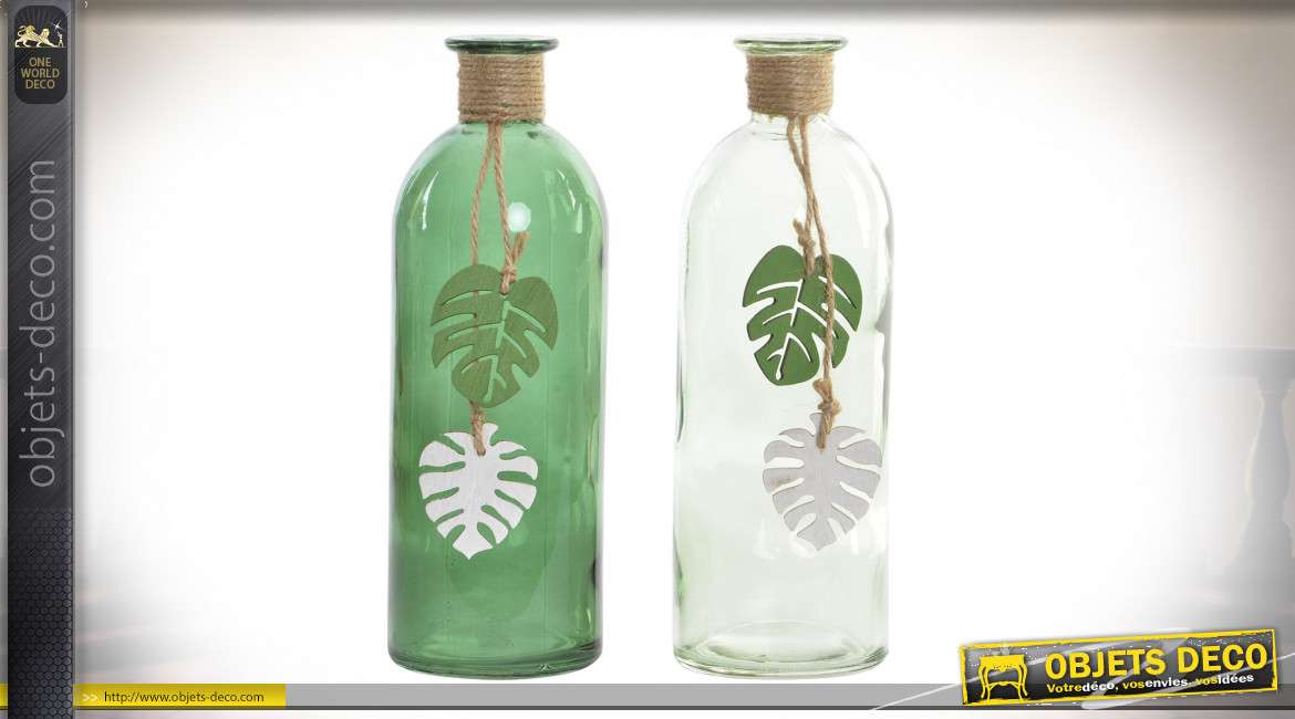 Série de deux vases décoratifs en verre translucide et vert pomme, feuilles déco esprit jungle, 20cm