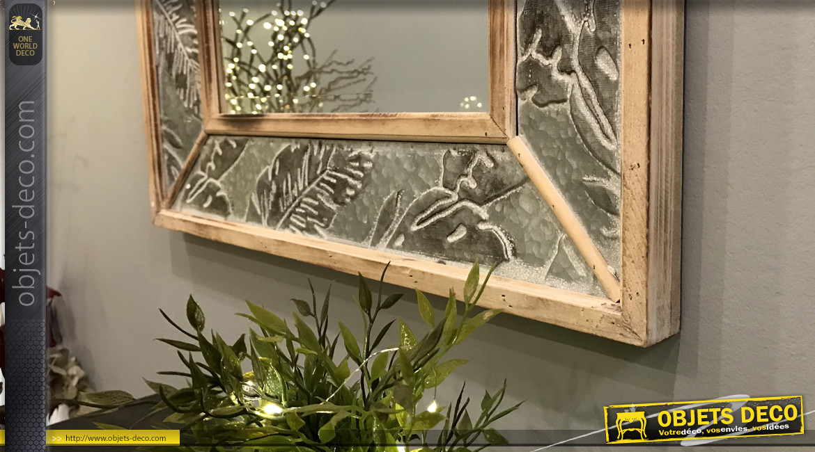 Miroir de style moderne en bois et métal esprit tropical moderne avec grandes feuilles, finition blanchie, 83cm,