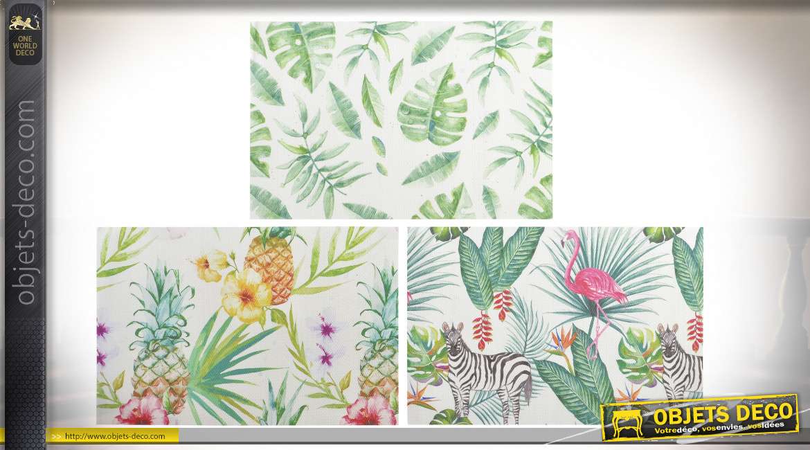 Série de trois set de table réutilisables en pvc, motifs tropicaux esprit jungle pastelle, 45cm