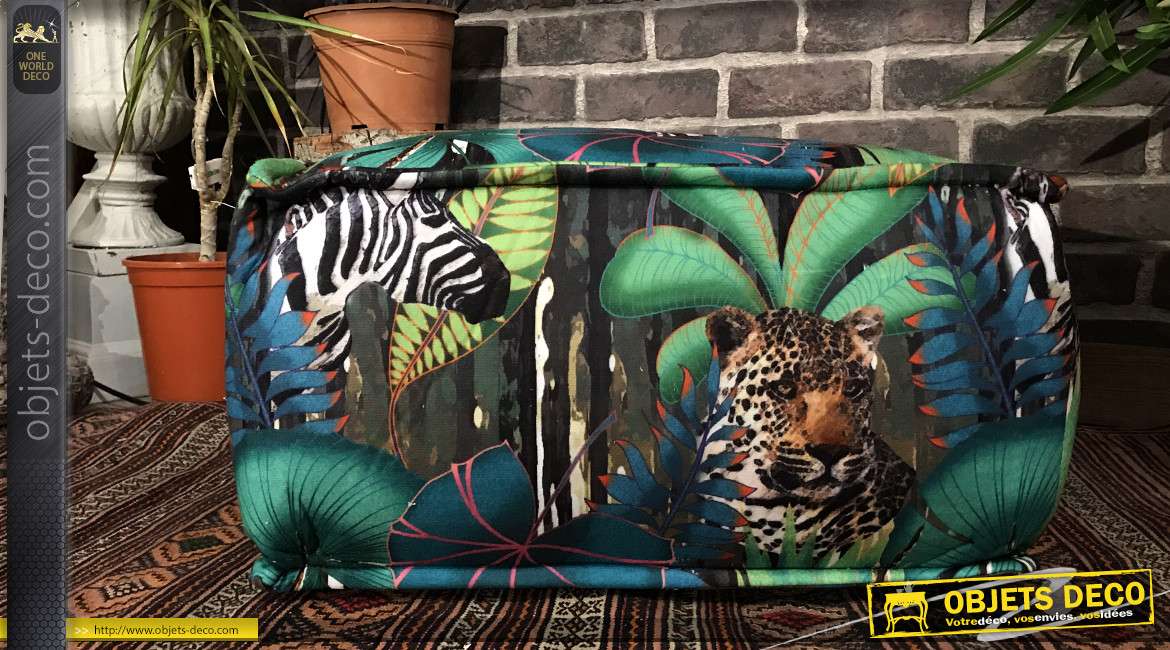 Coussin de sol aux motifs tropicaux et animaux sauvages, couleurs vives esprit jungle 45x45