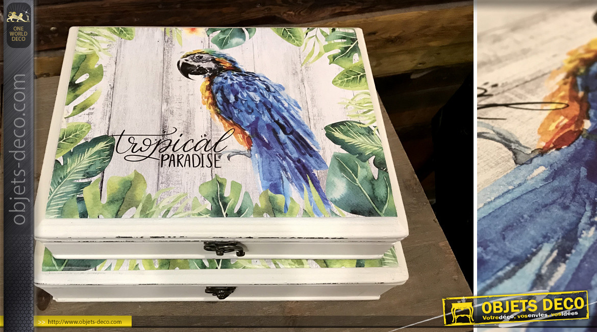 Série de deux boites décoratives de rangement, en bois et toile imprimée de motifs tropicaux et perroquets, 33cm