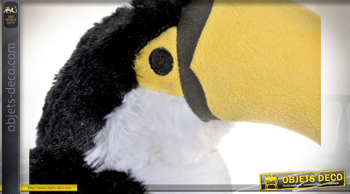 Cale porte en tissus esprit peluche de sol, toucan au grand bec, jaune pétant et noir brillant, 29cm