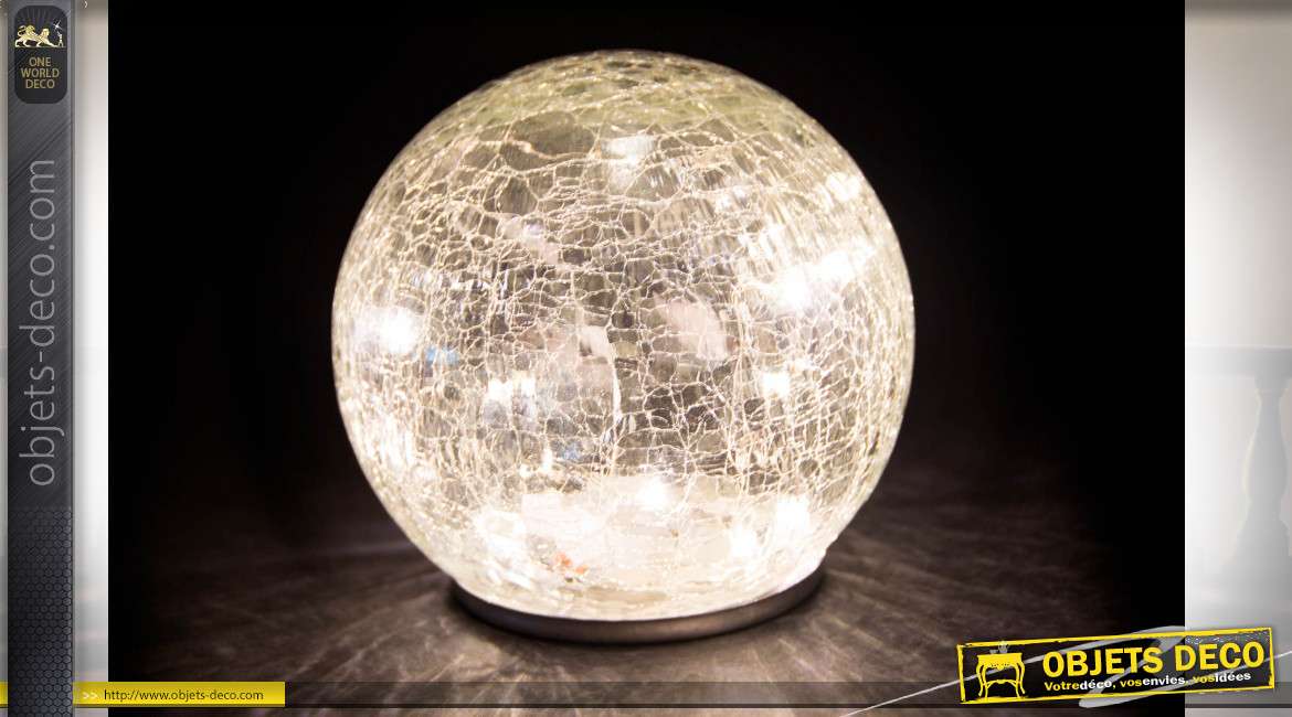 Sphère lumineuse en verre translucide effet craquelé, luminère douce ambiance chaleureuse, Ø14cm