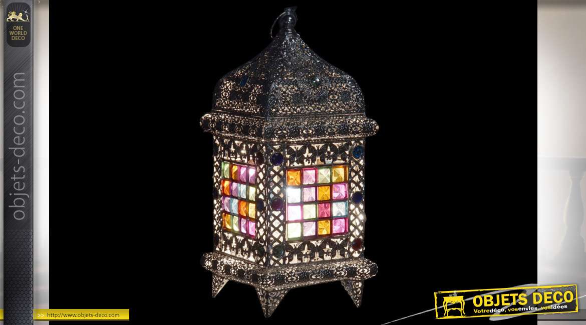 Lampe lanterne argentée avec mosaïque multicolore style oriental