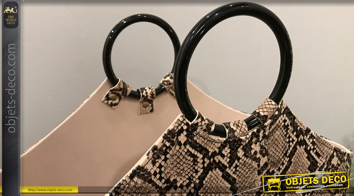 Corbeille porte revues avec anses, motifs de peau de serpent synthétique finitions beiges et brunes, 43cm