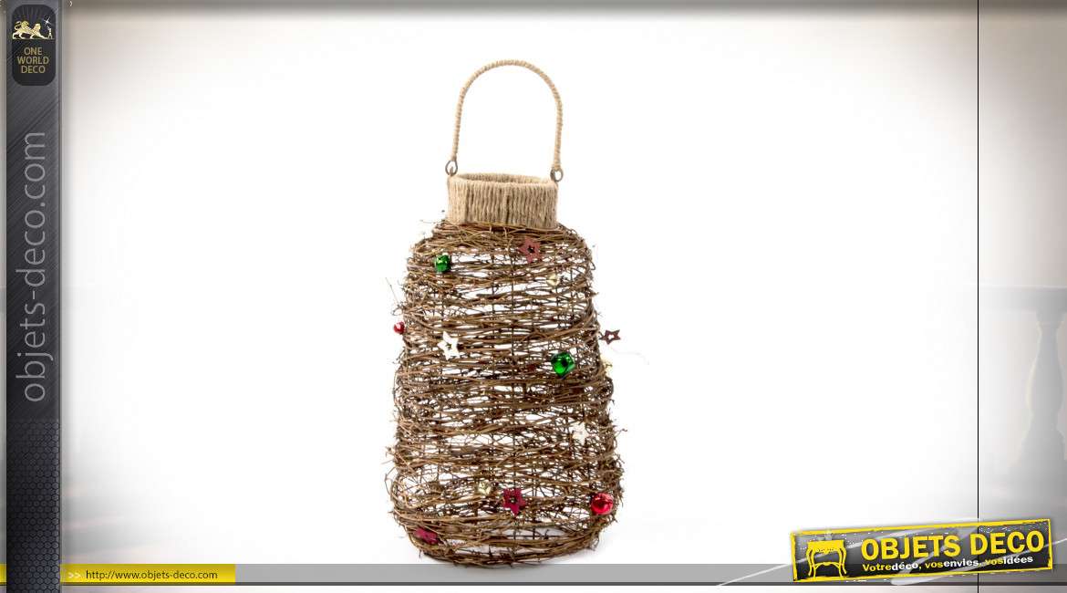 Lanterne en rotin effet buisson avec décorations de Noël 42 cm
