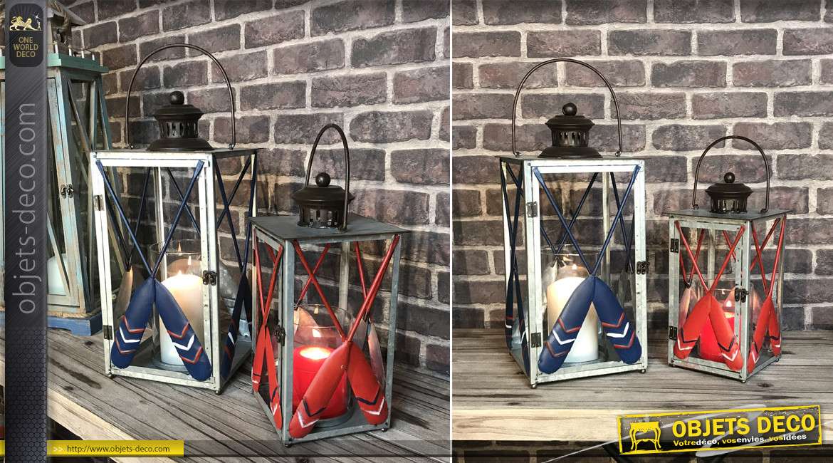 Duo de lanternes originales en métal type zinc finition rouge et bleu, rames de bateau, 53 cm