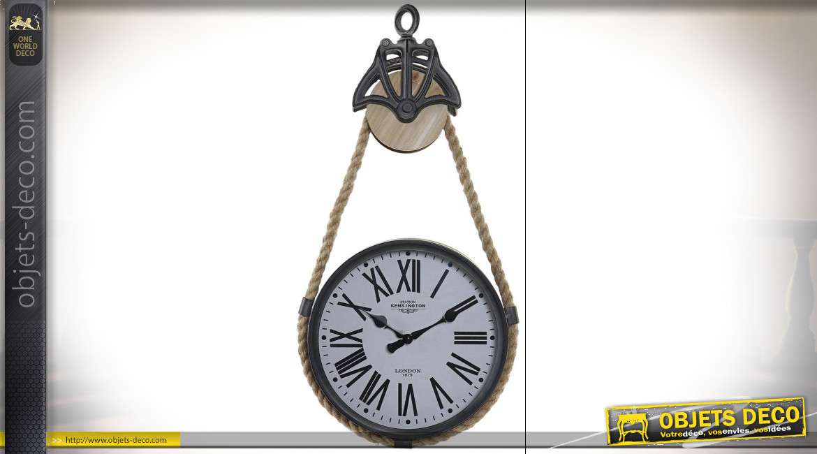 Horloge à suspendre en métal et corde, esprit vieux bateaux avec poulie en bois, finition vintage, 60cm