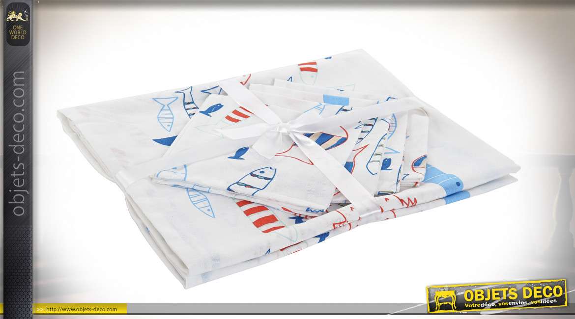 Nappe et serviettes en coton épais de formes carrées, motifs de poissons, 150cm