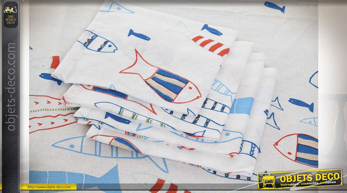 Nappe et serviettes en coton épais de formes carrées, motifs de poissons, 150cm