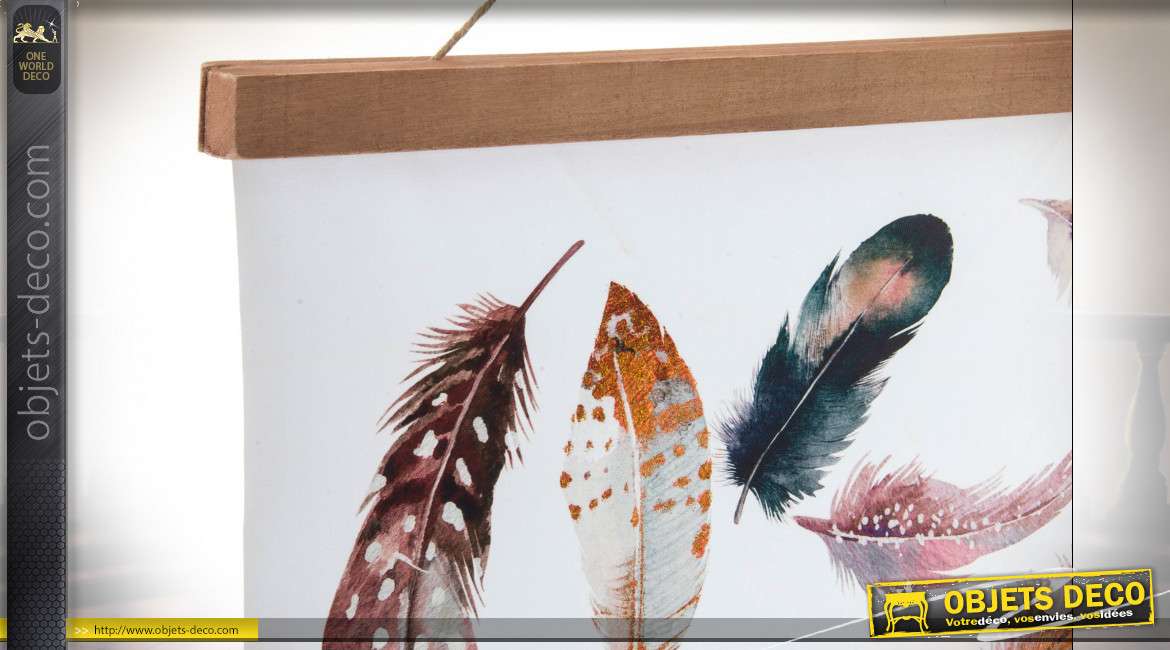 Décoration à suspendre en bois et toile avec motifs de plumes brillantes et colorées, ambiance encyclopédie, 64cm