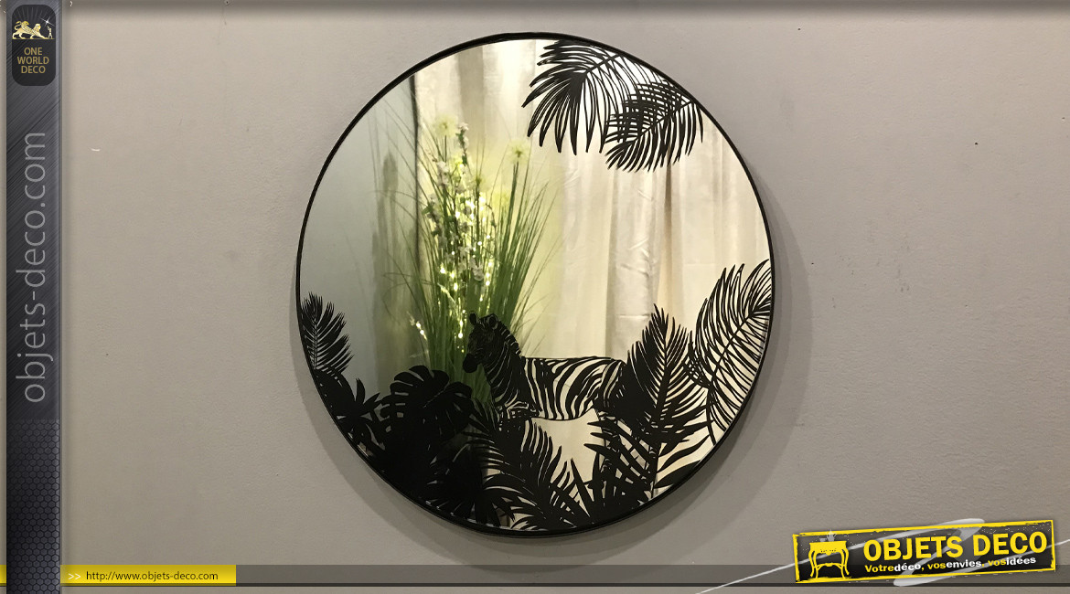 Miroir rond en métal finition noire avec motifs imprimés ambiance tropicalo'chic, Ø40cm
