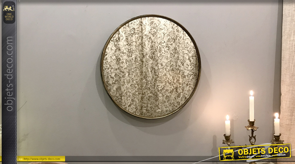 Miroir rond en métal doré avec vitre effet vieille glace, ambiance rétro chic, Ø50cm