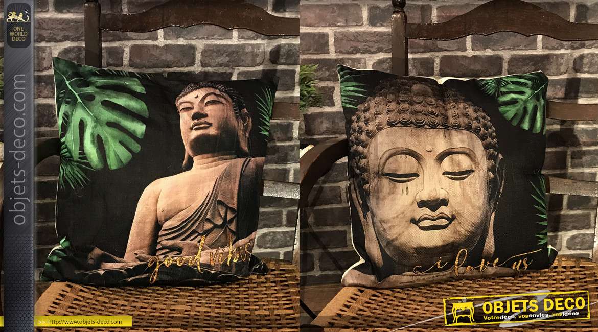 Série de 2 coussins décoratifs d'inspiration Bouddha, motifs de feuilles esprit jungle en fond, 45x45 cm