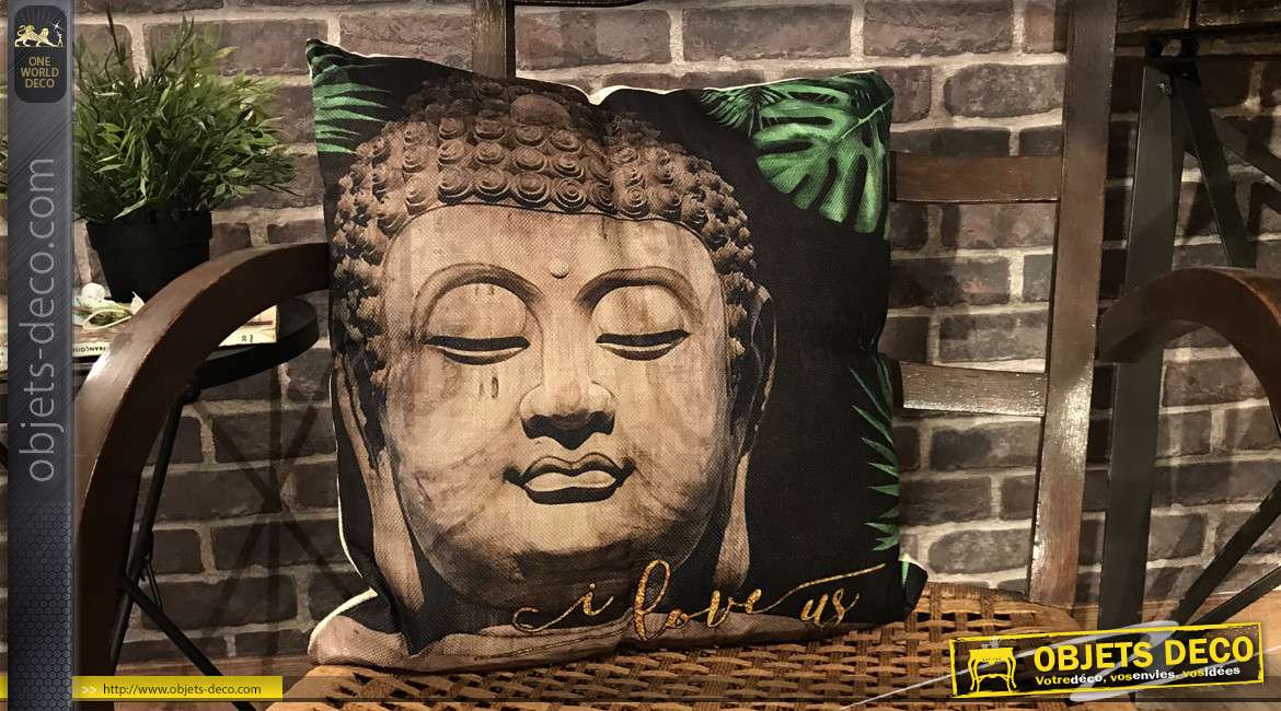 Série de 2 coussins décoratifs d'inspiration Bouddha, motifs de feuilles esprit jungle en fond, 45x45 cm