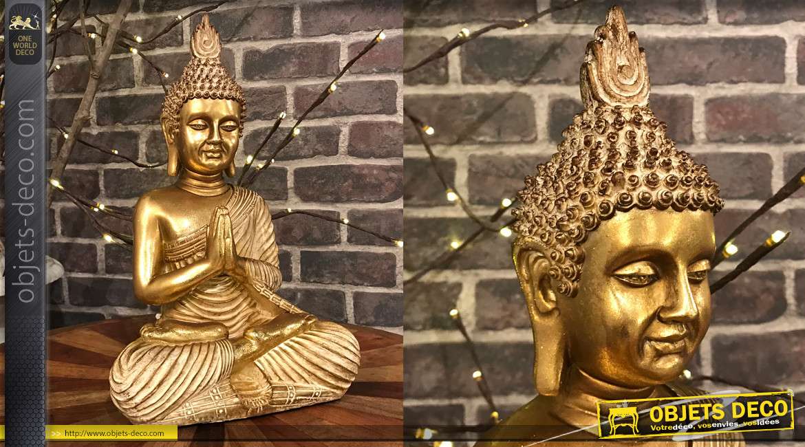 Statuette de Bouddha en résine finition doré brillant et mate, position lotus, 40cm