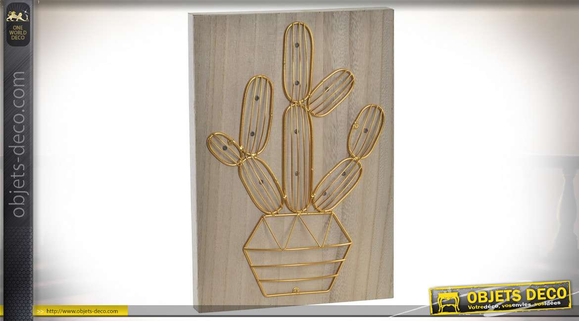 Cadre en bois et métal avec LED intégrée représentant un cactus mexicain, ambiance simple et moderne, 34cm