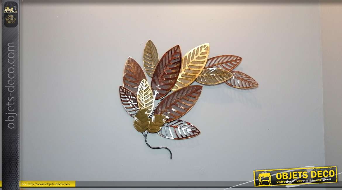 Décoration murale en métal ajouré, branche avec feuilles stylisées en finition brillante dorée et cuivrée, style moderne, 85cm