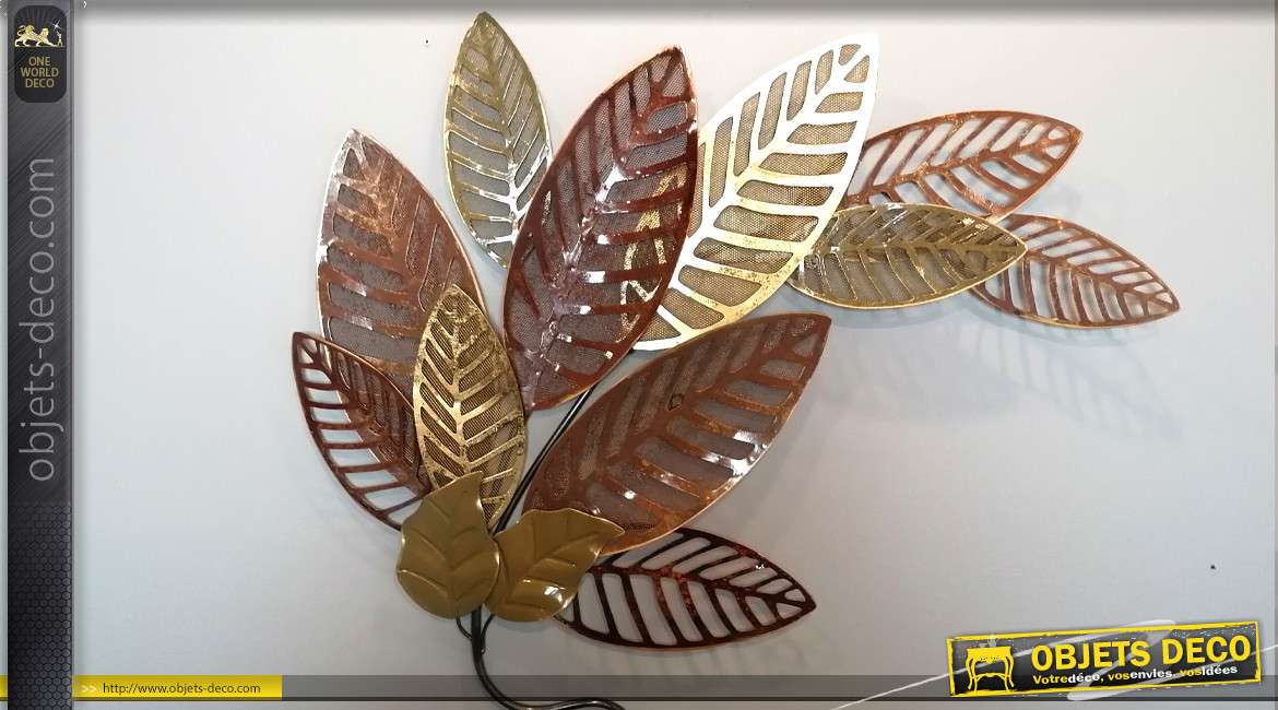 Décoration murale en métal ajouré, branche avec feuilles stylisées en finition brillante dorée et cuivrée, style moderne, 85cm