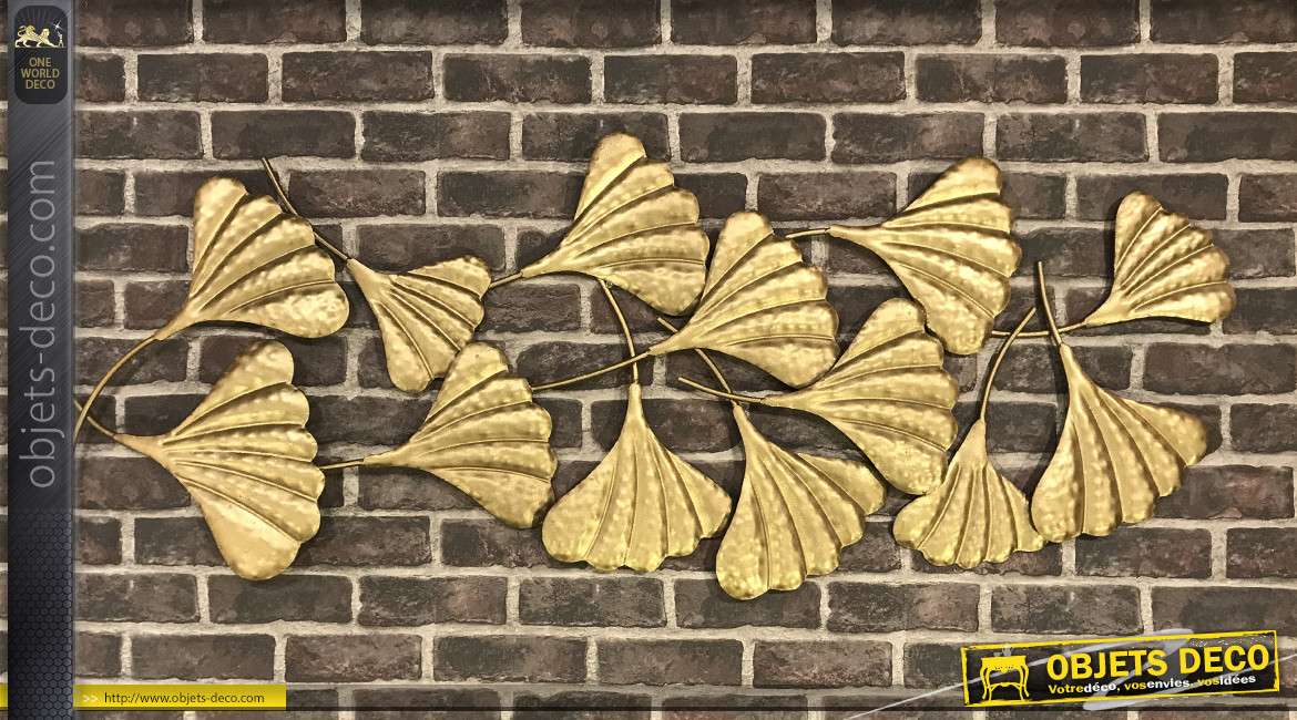 Grande décoration murale en métal doré effet brossé, formes de feuilles stylisées 133cm