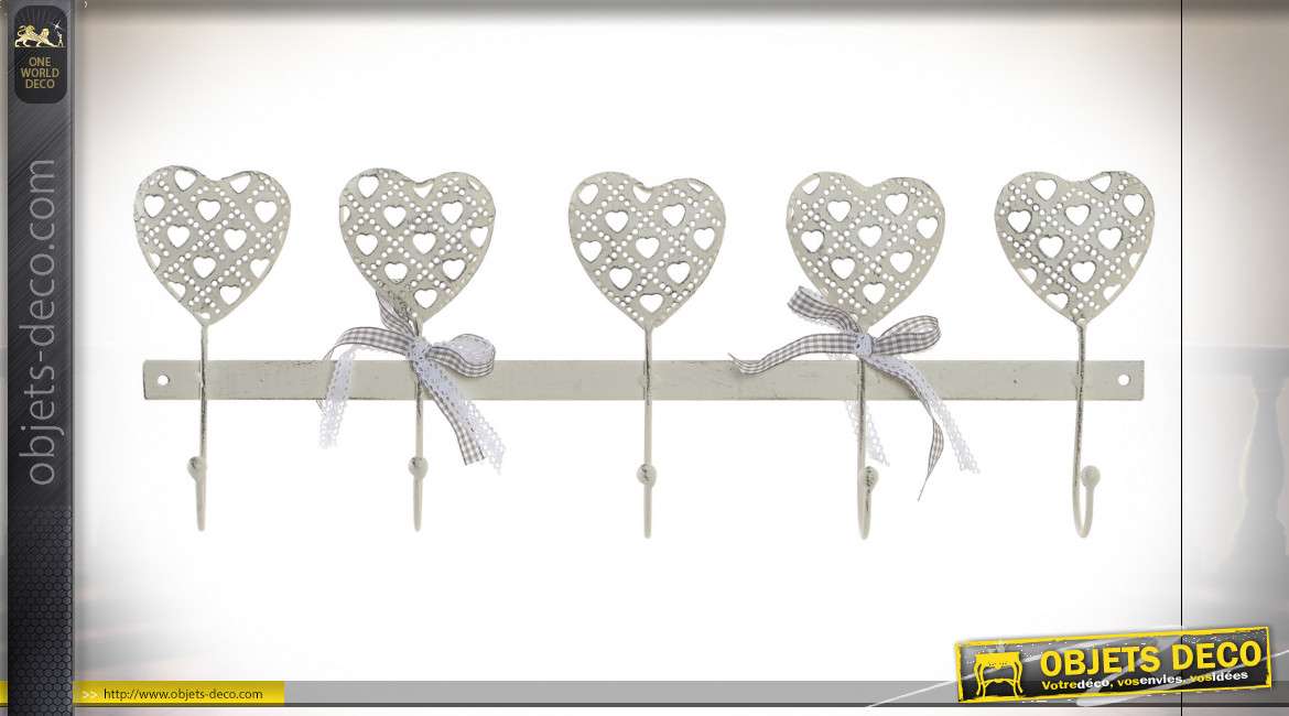 Série de crochets muraux en forme de coeur esprit fer forgé, finition blanc ancien, 50cm