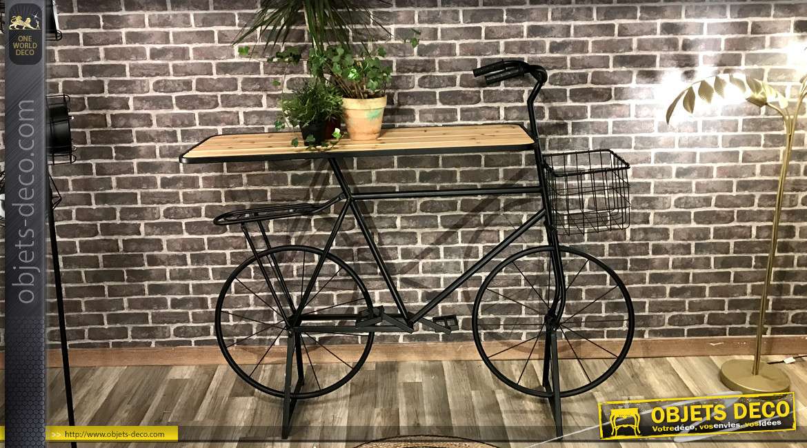 Console originale en forme de vélo avec plateau en bois de pin finition naturelle et structure noire mate, 170cm