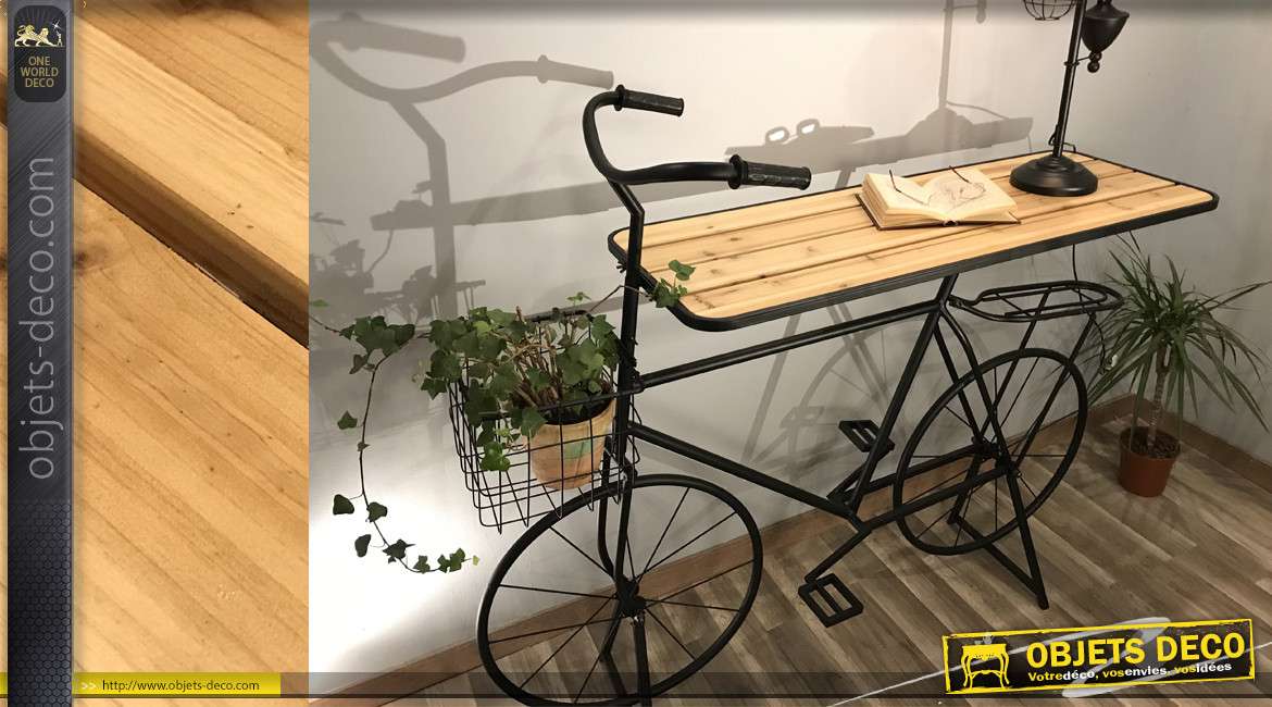 Console originale en forme de vélo avec plateau en bois de pin finition naturelle et structure noire mate, 170cm